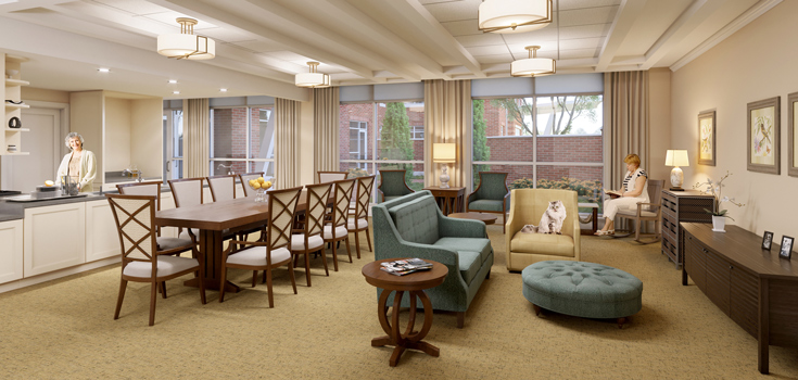 The Gardens Branchlands Memory Care common space rendering