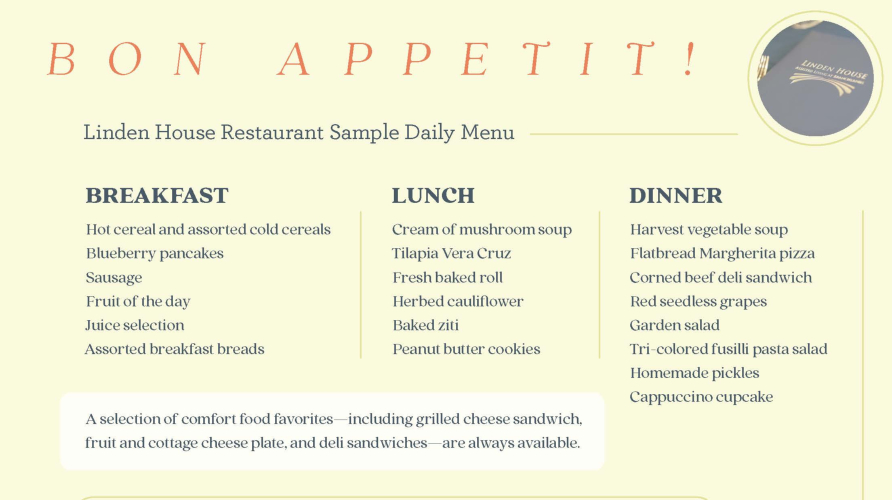 Sample menu of nutritious senior dining at Linden House Assisted Living