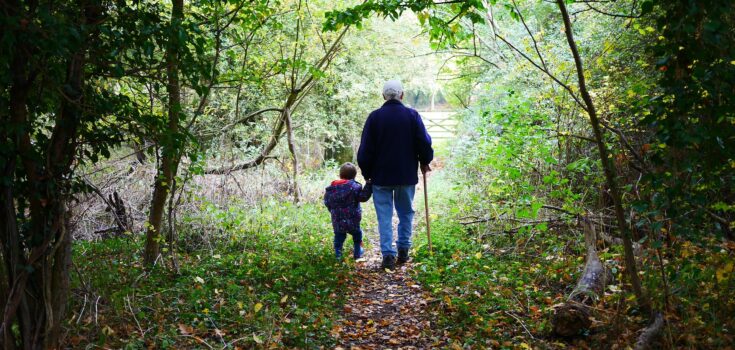 A grandfather and child walking through a green forest.