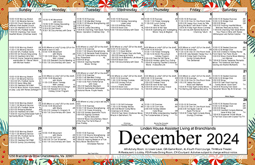 Assisted Living Activities December 2024 Calendar