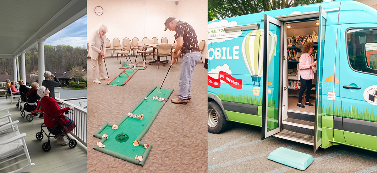 A combined photo, featuring from left, senior living residents viewing the eclipse, playing indoor mini-golf, and visiting the library bookmobile.