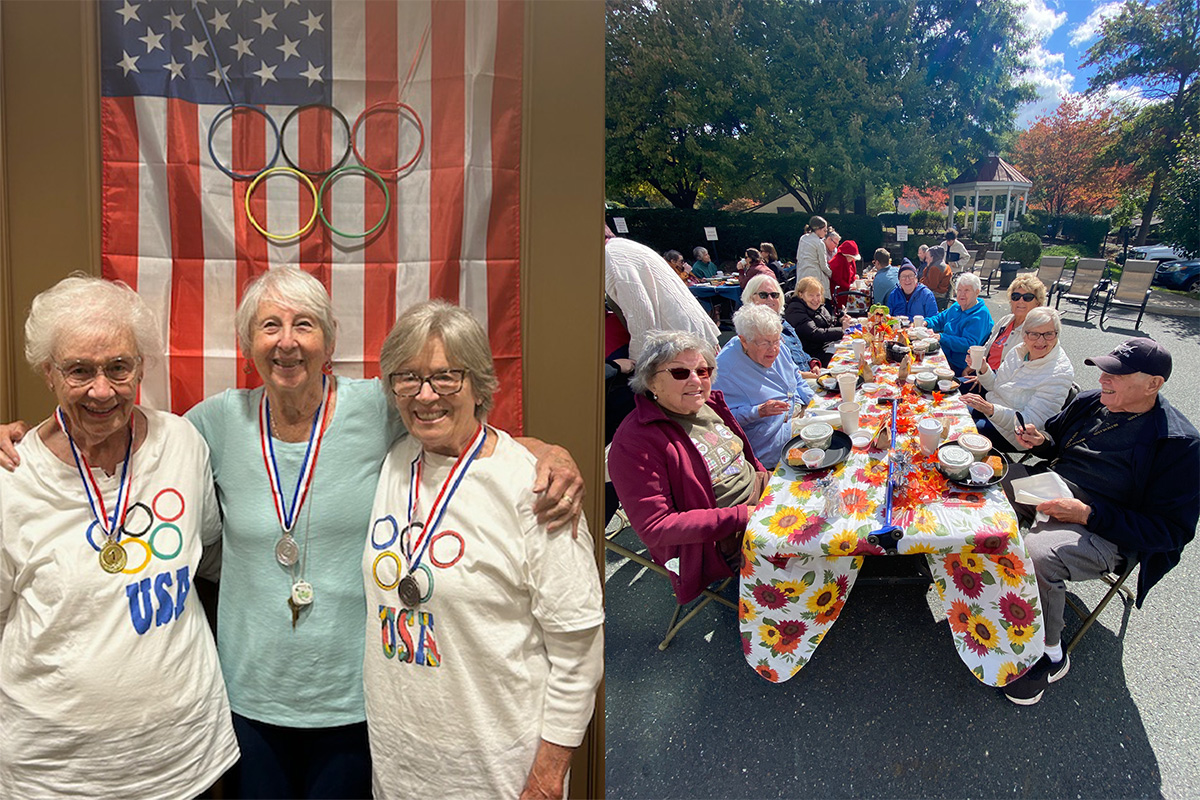 A combined photo featuring senior living residents winning Olympics-style medals on the left, and enjoying an outdoor fall meal on the right.