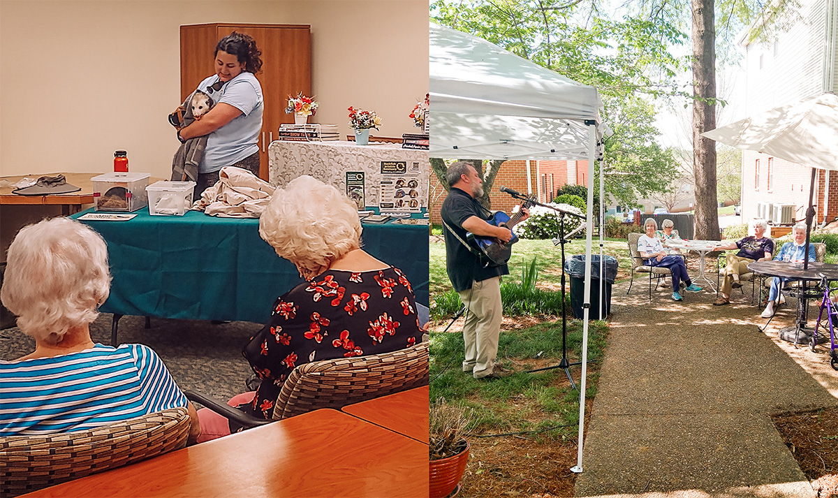 A combined photo featuring an outreach program by Rockfish Wildlife Sanctuary incudling a possum in a blanket on the left, and a guitar performance outdoors in the shade on the right.