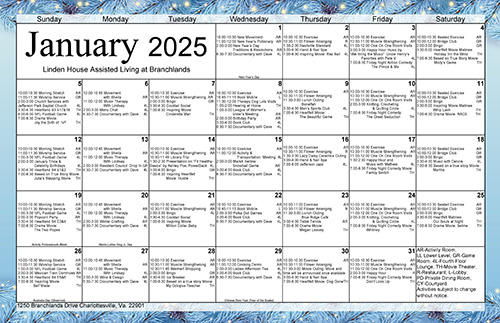 Assisted Living Activities January 2025 Calendar