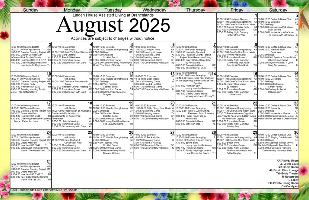 Linden House August Activities Calendar